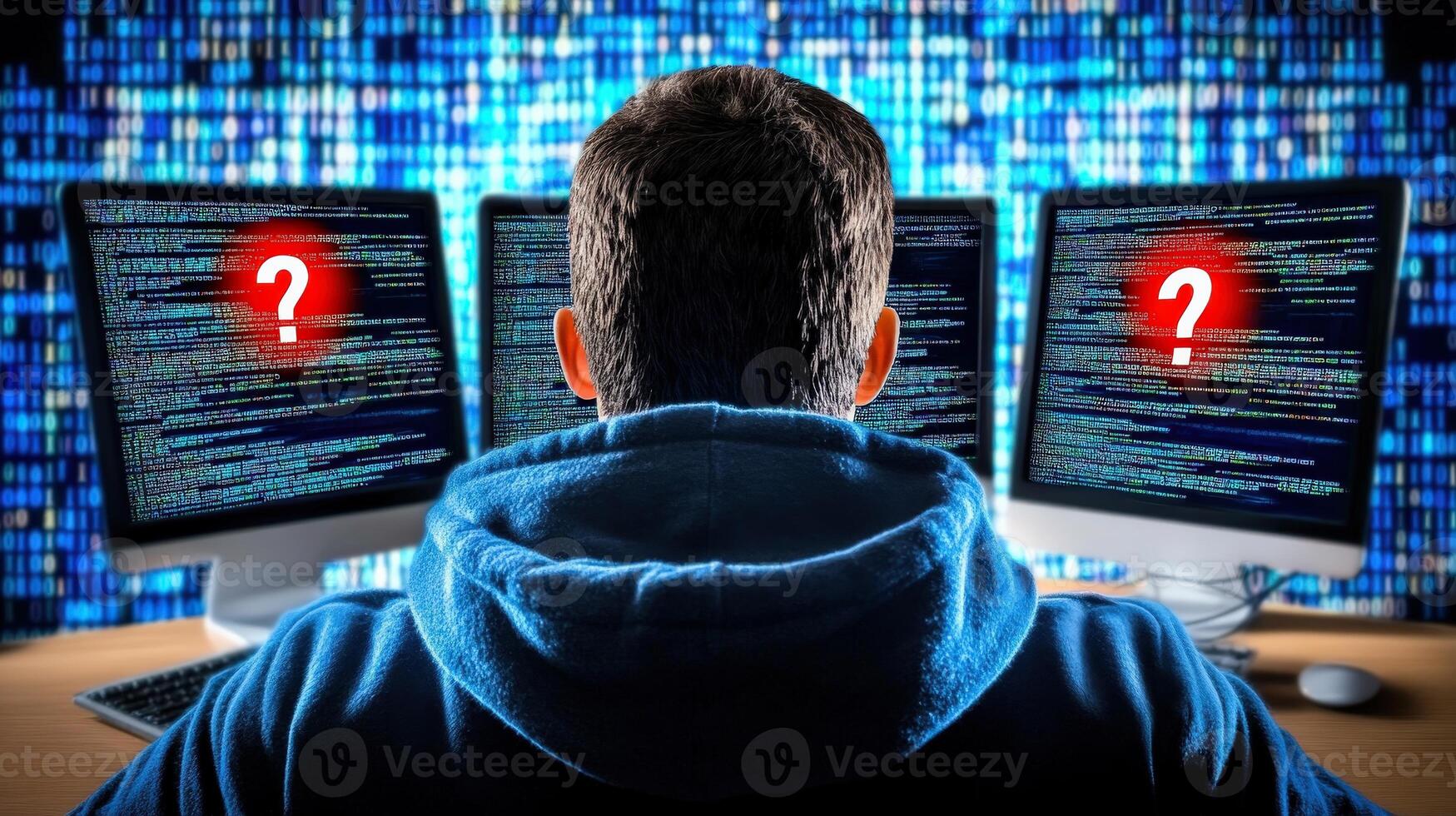 A man is sitting in front of computer with three monitors photo