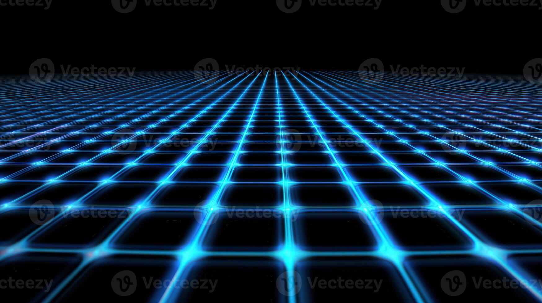 glowing blue digital grid stretches into distance, creating futuristic and immersive atmosphere. geometric lines form captivating pattern against dark background photo