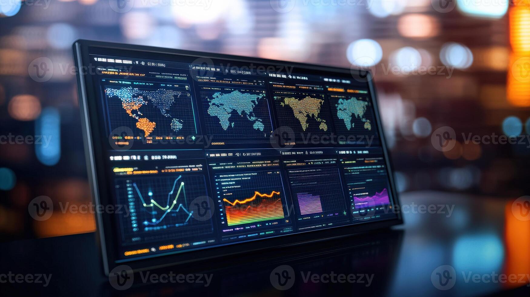 Data visualization on computer screen displaying global supply chain metrics, analytics, and graphs. interface showcases various charts and maps, highlighting trends and insights photo