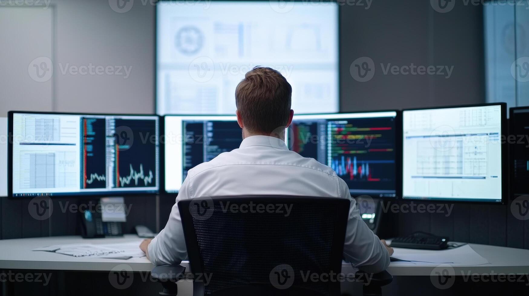 a man sitting at a desk with multiple computer screens photo
