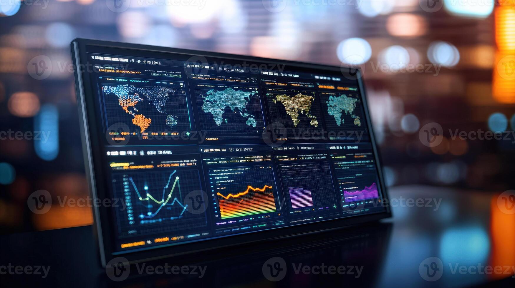 Data visualization on computer screen displaying global supply chain metrics, analytics, and graphs. interface showcases various charts and maps, highlighting trends and insight photo