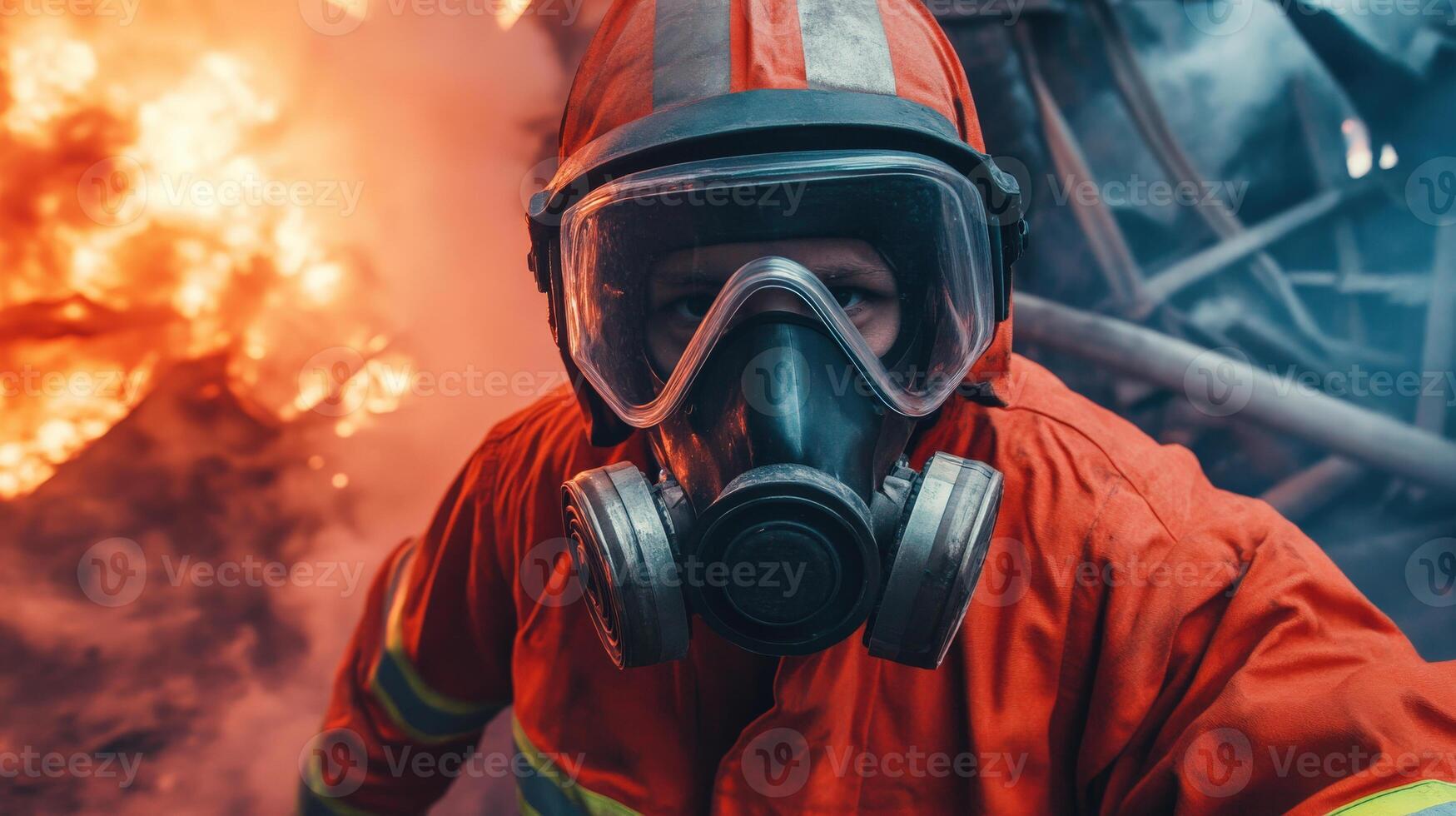 a man in a gas mask and red uniform is standing in front of a burning building photo