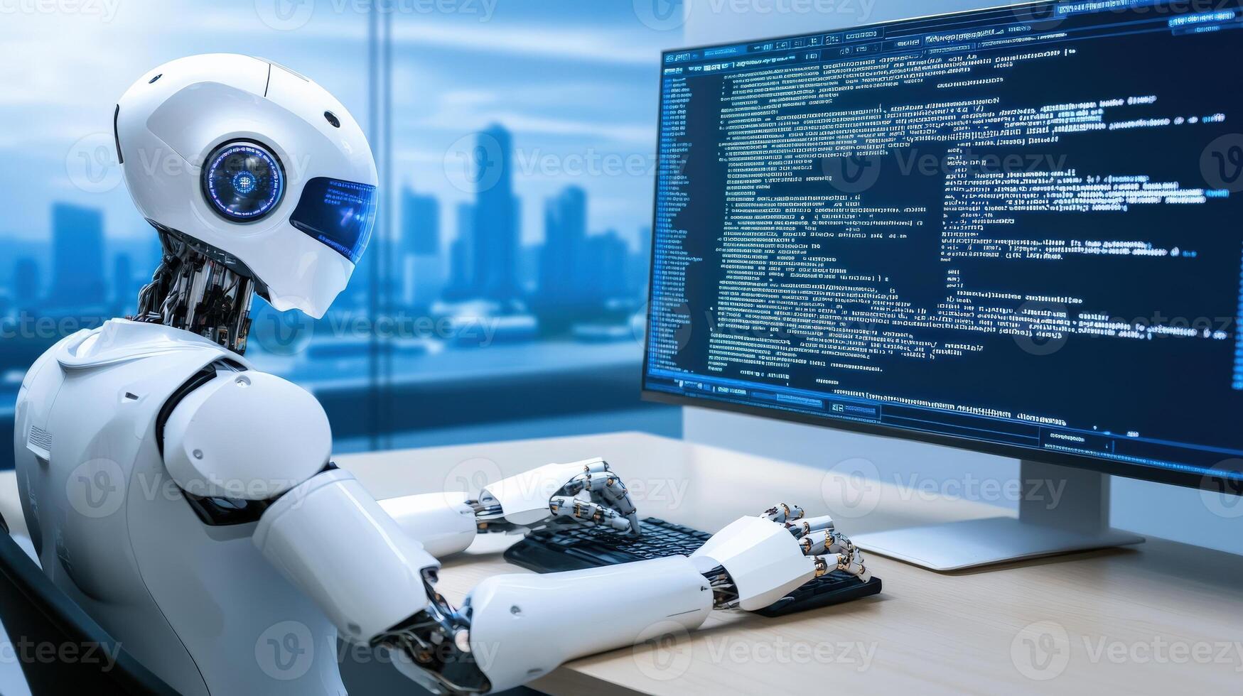 robot sitting at a desk with a computer screen photo