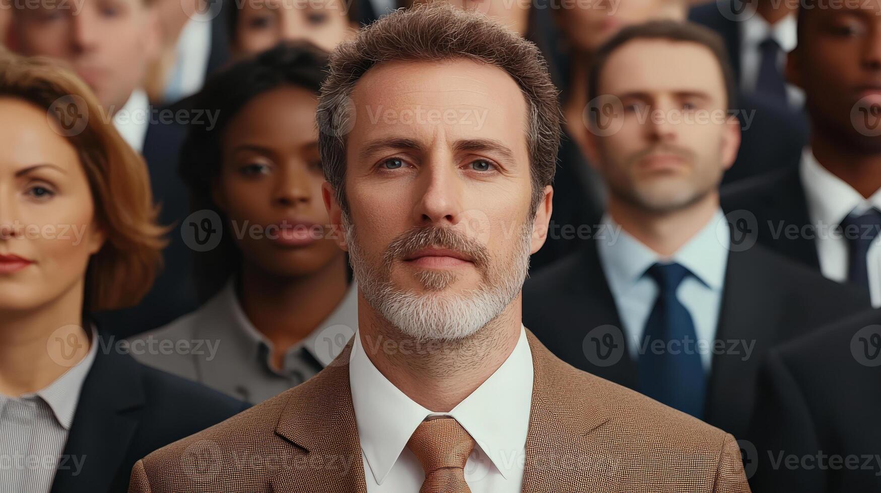 a man with a beard and mustache is standing in front of a group of people photo