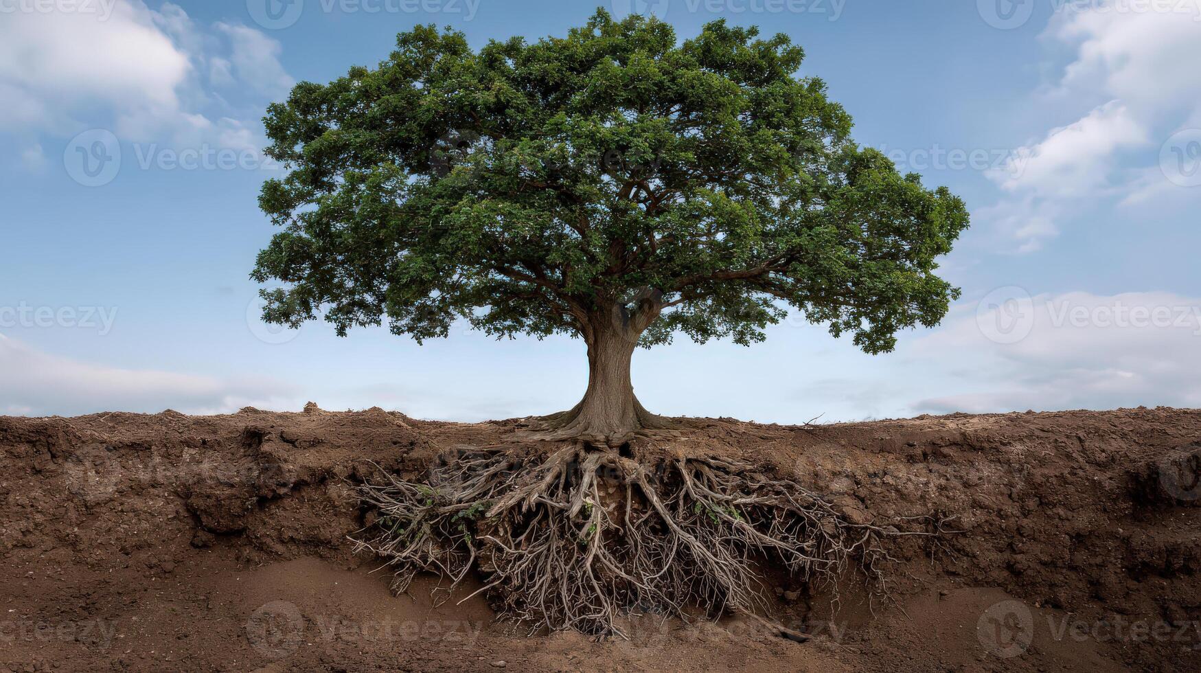 Conceptual image of solitary tree showing lush green canopy and an extensive root system underground. powerful visual representing life, growth, strength, and nature photo