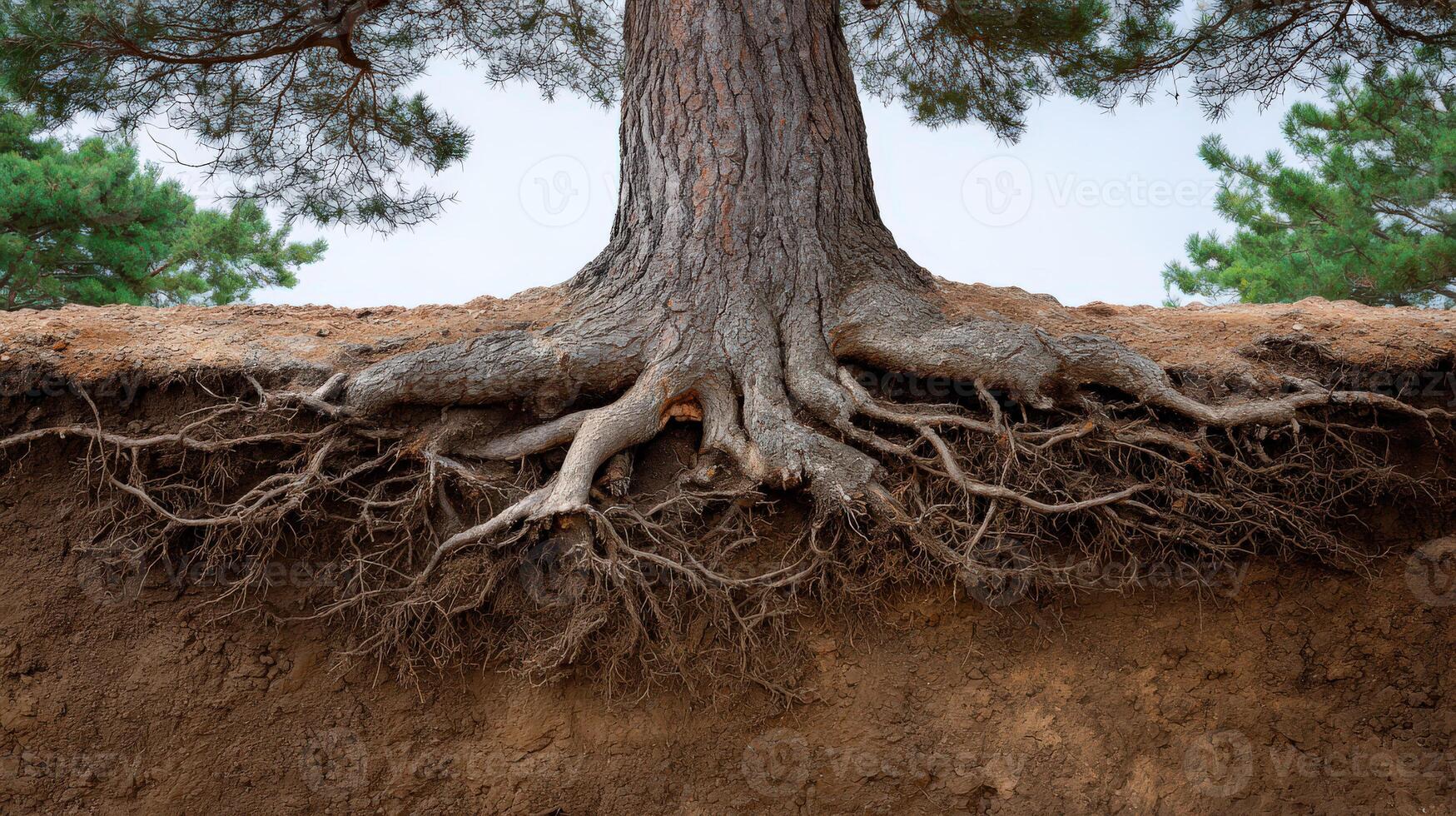 Strong tree with powerful root system growing underground in soil cross section. This conceptual image represents growth, solid foundation, stability, and deep connection to nature photo