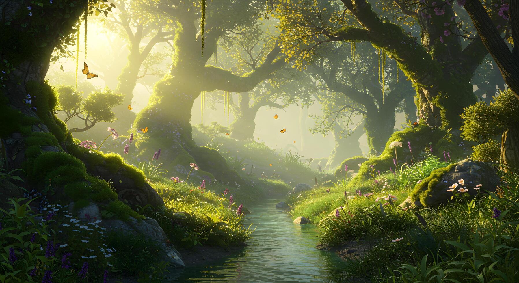 Serene Forest Stream Scene with Sunlight Filtering Through Trees in Lush Nature Setting photo