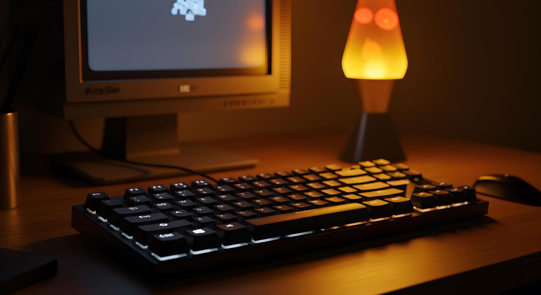 Dark Office Desk with Illuminated Keyboard and Computer Monitor in Cozy Ambient Light photo