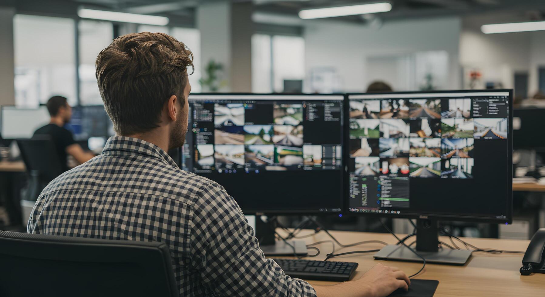 Man Working on Multiple Monitors in Modern Office Setting, Analyzing Data Streams photo