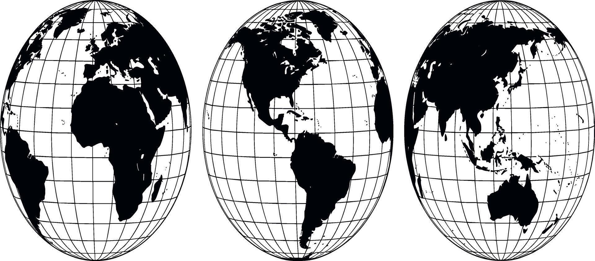 A illustration set of three Earth globes in black and white, showing different continents with a latitude and longitude grid vector