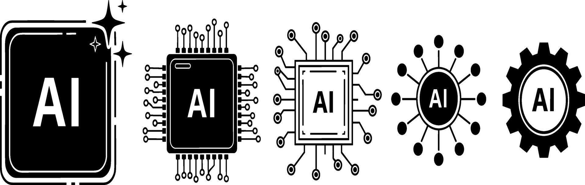 Set of AI icons and graphics representing artificial intelligence and technology in black and white art vector