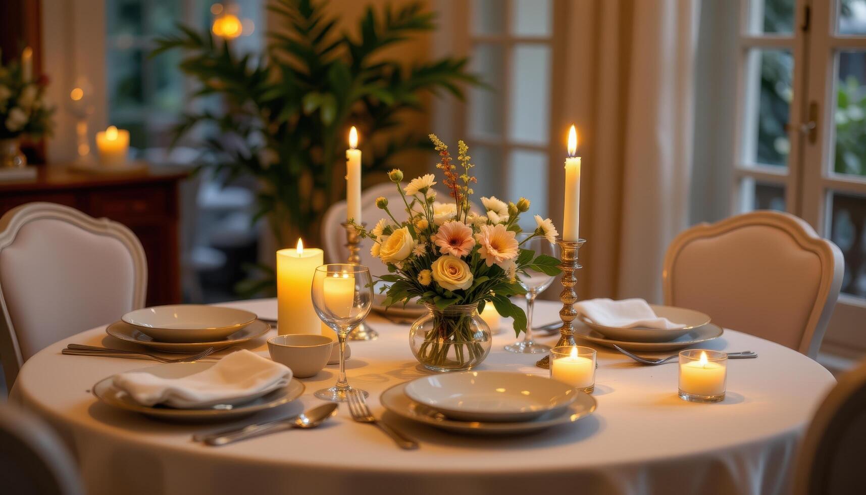 cozy table decorated with candles and flowers, ambient soft lighting, neatly arranged dinnerware, empty, peaceful photo