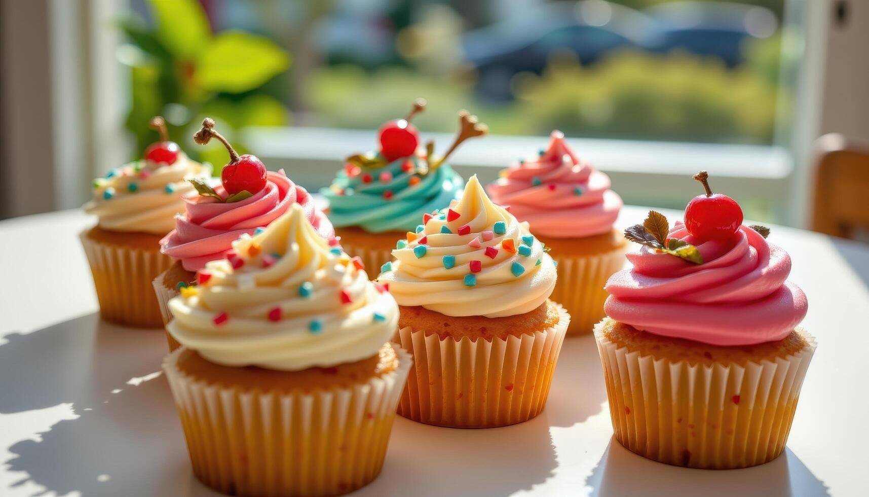 a set of decorated cupcakes with festive sprinkles and icing patterns on a table, warm sunlight, no humans around. photo