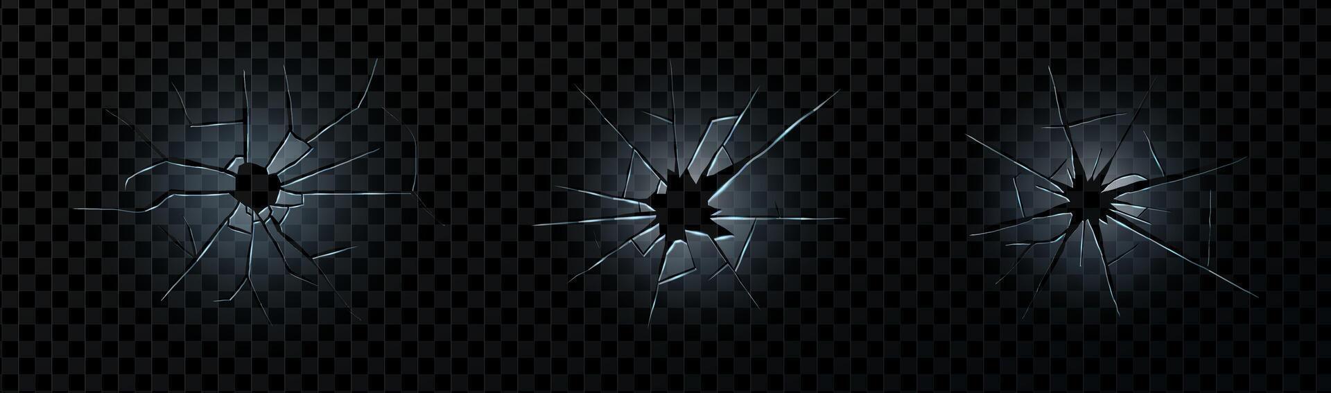 Broken screen with shattered glass and transparent debris. Realistic mirror crack with bullet hole and abstract texture. Great for repair, vandalism, or crash-themed graphics. vector