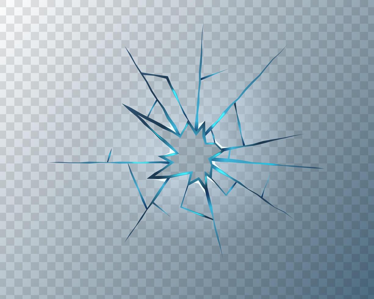 Realistic shattered glass texture with sharp cracks and bullet holes. Broken window background with fracture and crash effect. Abstract 3D design for damage overlay. vector
