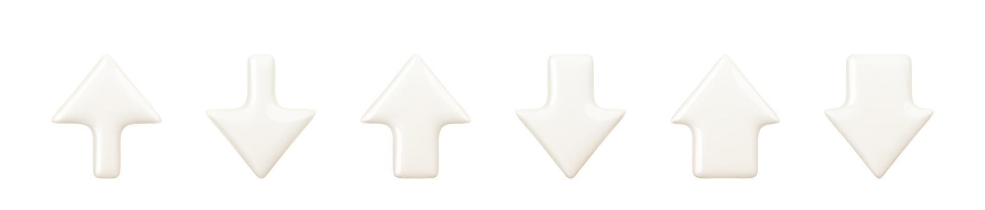 Set of realistic glossy 3d arrow icons pointing up and down. White plastic arrows of different thickness isolated on white background. Design element for app, infographic, website vector