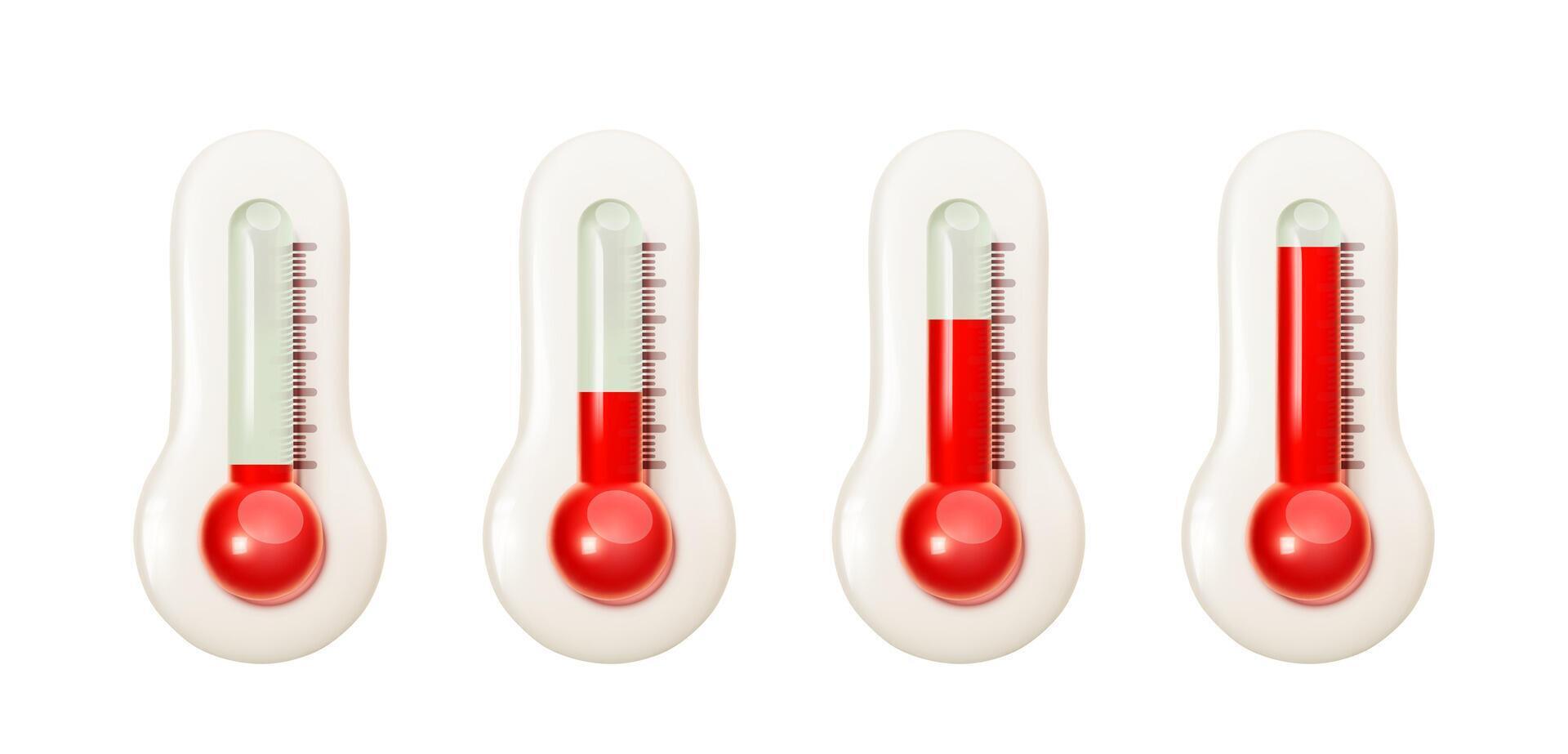 Set of realistic glass 3d thermometer icons. Red thermometers with different levels cold and hot temperature isolated on white background. Climate element for weather forecast vector