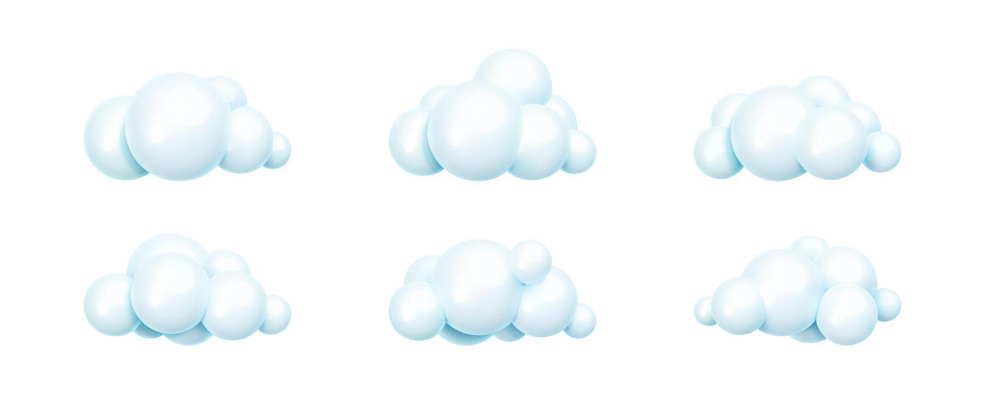Set of glossy bubble 3d cloud icons in realistic style. Blue plastic clouds isolated on white background. Cumulus rounded cloudy shapes for weather forecast. Trendy cute elements vector