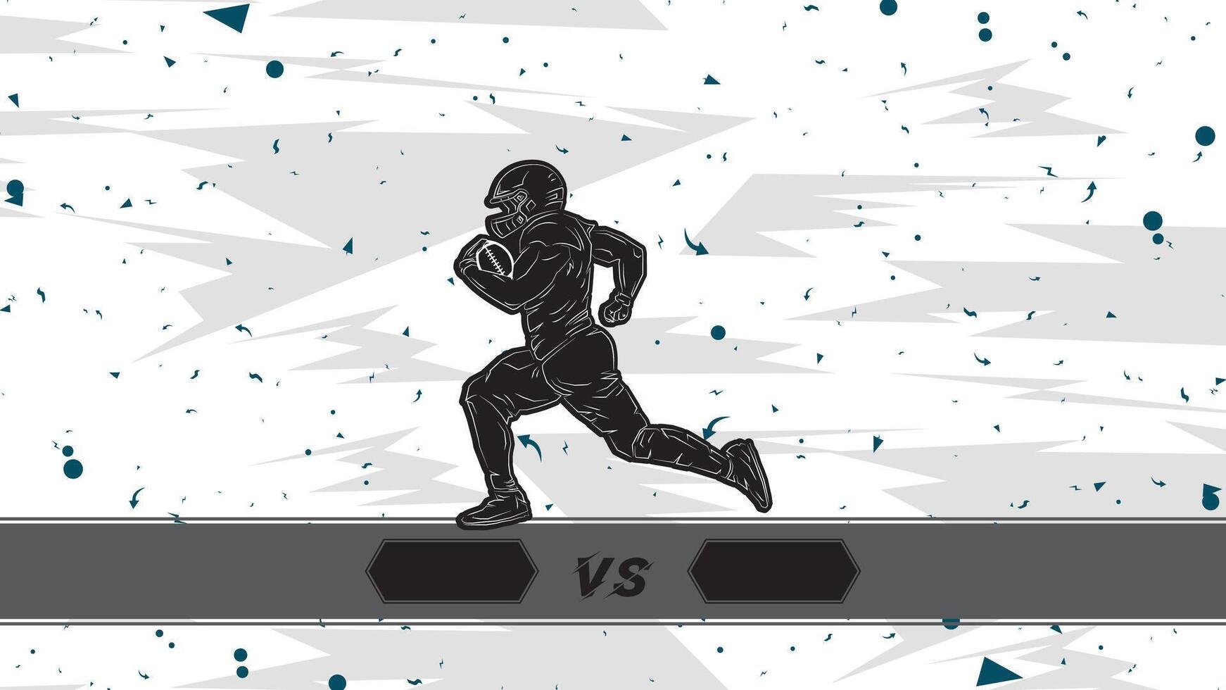 Dynamic Outline American Football Player VS Template for Sport Tournament Background. Black and White Runner Silhouette with Hexagon Text Area on Abstract Light Pattern vector