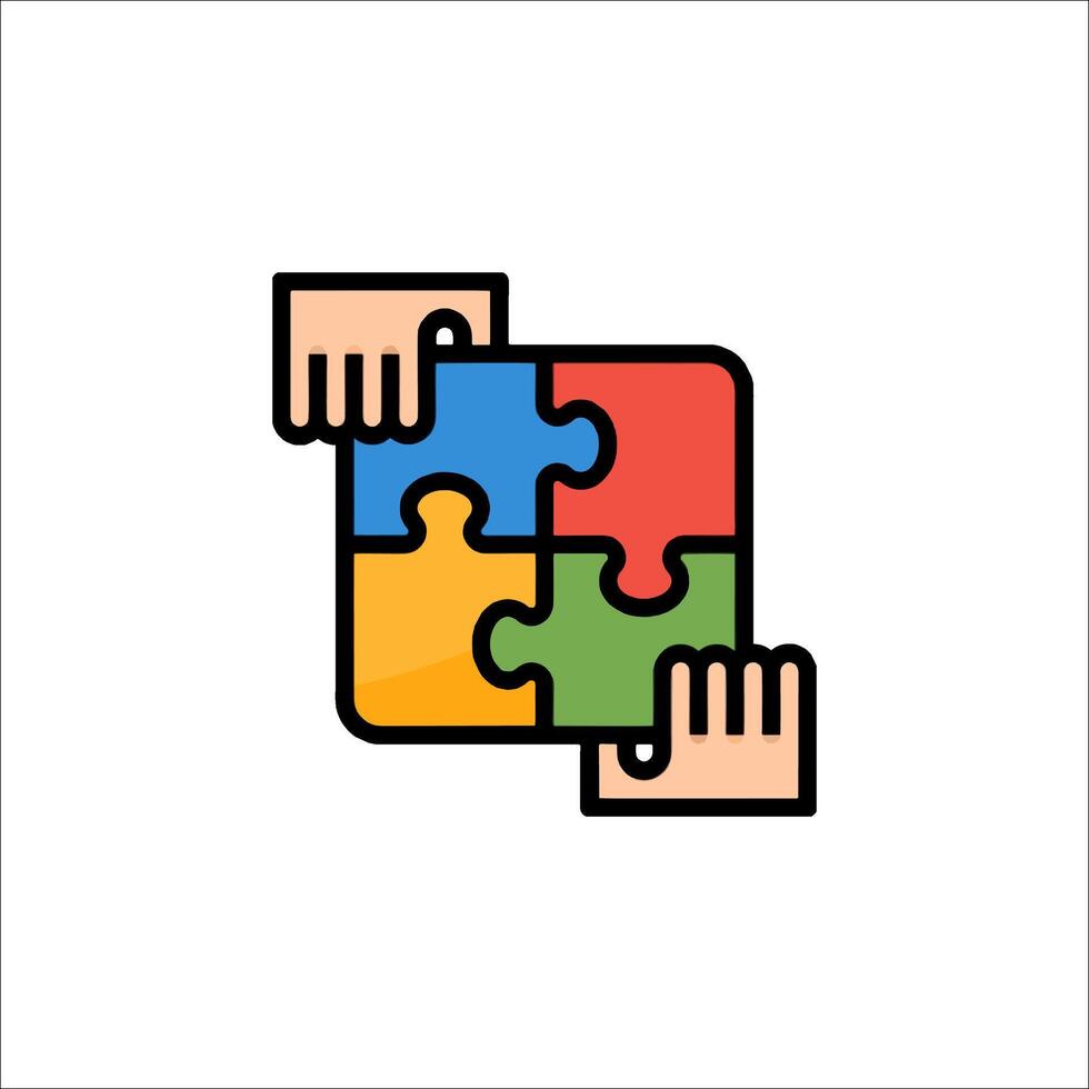 Teamwork Puzzle Hands Connecting Colorful Jigsaw Pieces, unity vector