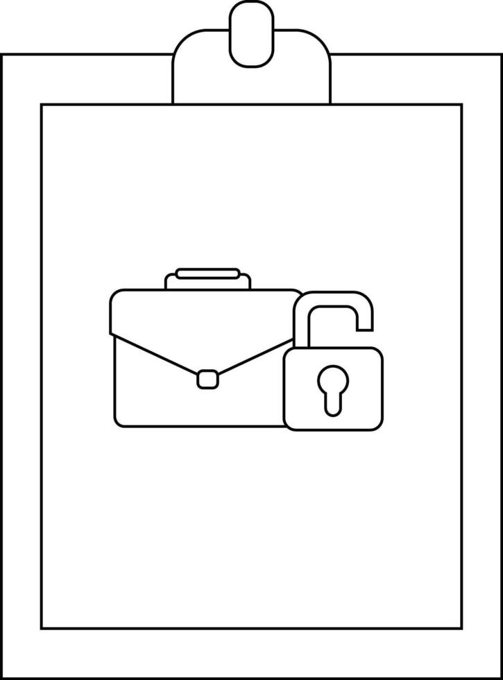 A briefcase and unlocked padlock are centered on a clipboard rendered in clear outlines against a white backdrop vector