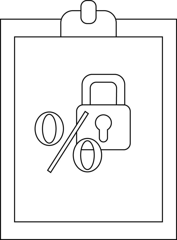 A clipboard with a lock and percentage sign is displayed in a monochrome lineart style vector