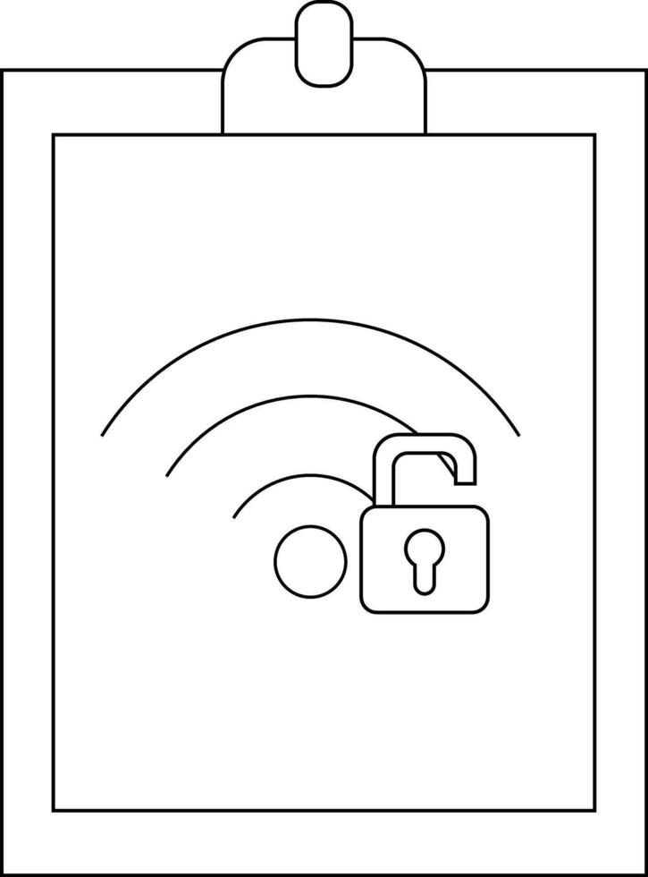 A clipboard with a page showing an unlocked padlock on a WiFi symbol suggesting open network access vector