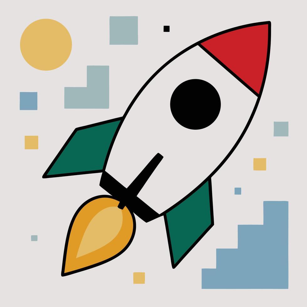 Bright illustration of a rocket launching into the sky, symbolizing rapid progress, innovative ideas, startup growth, and the successful journey towards future goals vector
