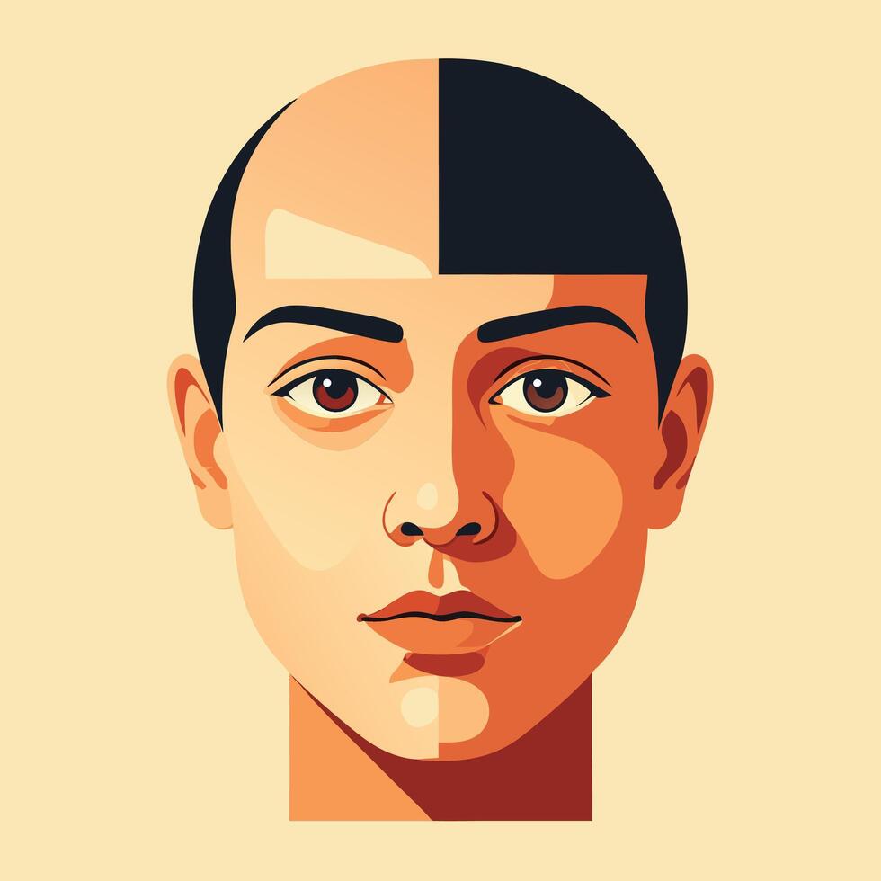 Striking graphic portrait of a human face displaying duality, one light-skinned bald side contrasting a dark-skinned, dark-haired side, symbolizing identity and individuality vector