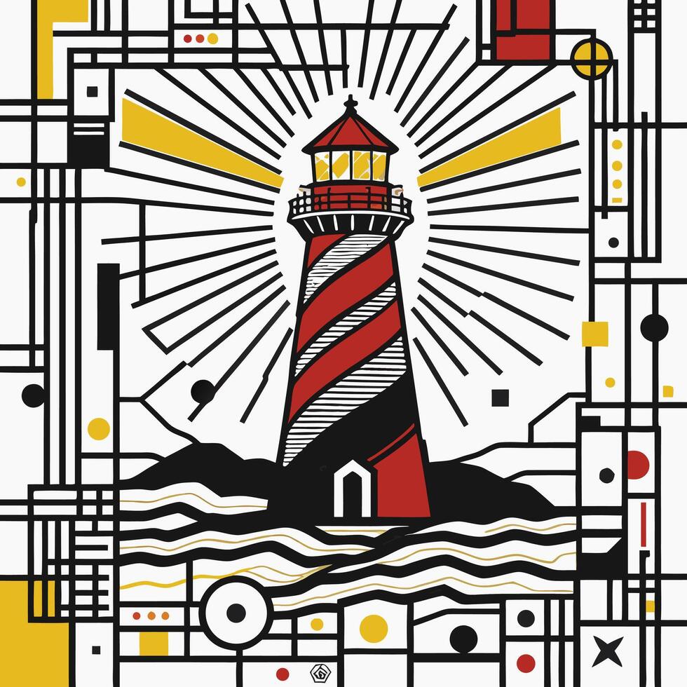 Abstract geometric robot illustration with a blend of modern and retro-futuristic design elements, featuring a simple blue robot against a background of colorful shapes and patterns vector