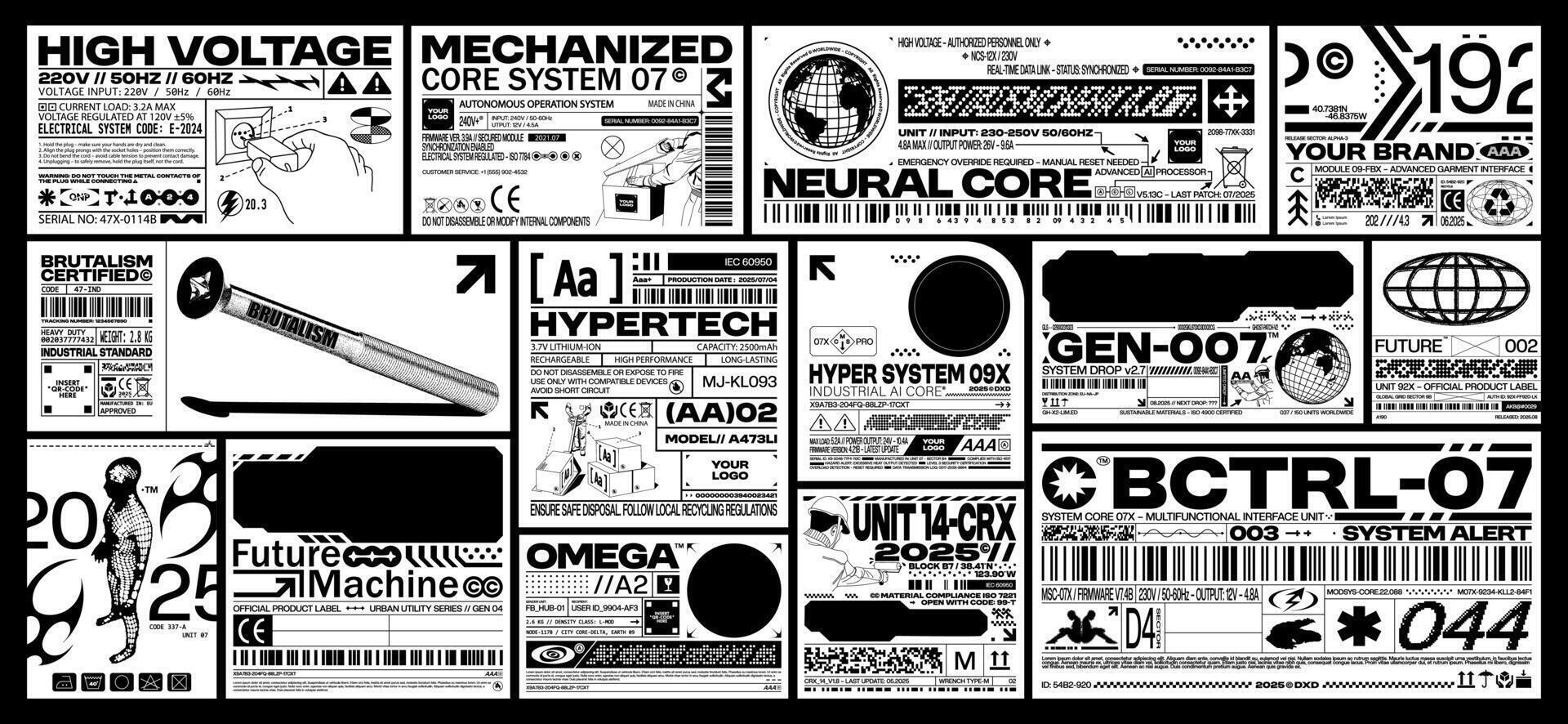 Brutalism tech label pack. Futuristic assets in cyberpunk style for streetwear, product design, and digital UI. Retro Y2K and cyber aesthetics graphic elements. Collection vector