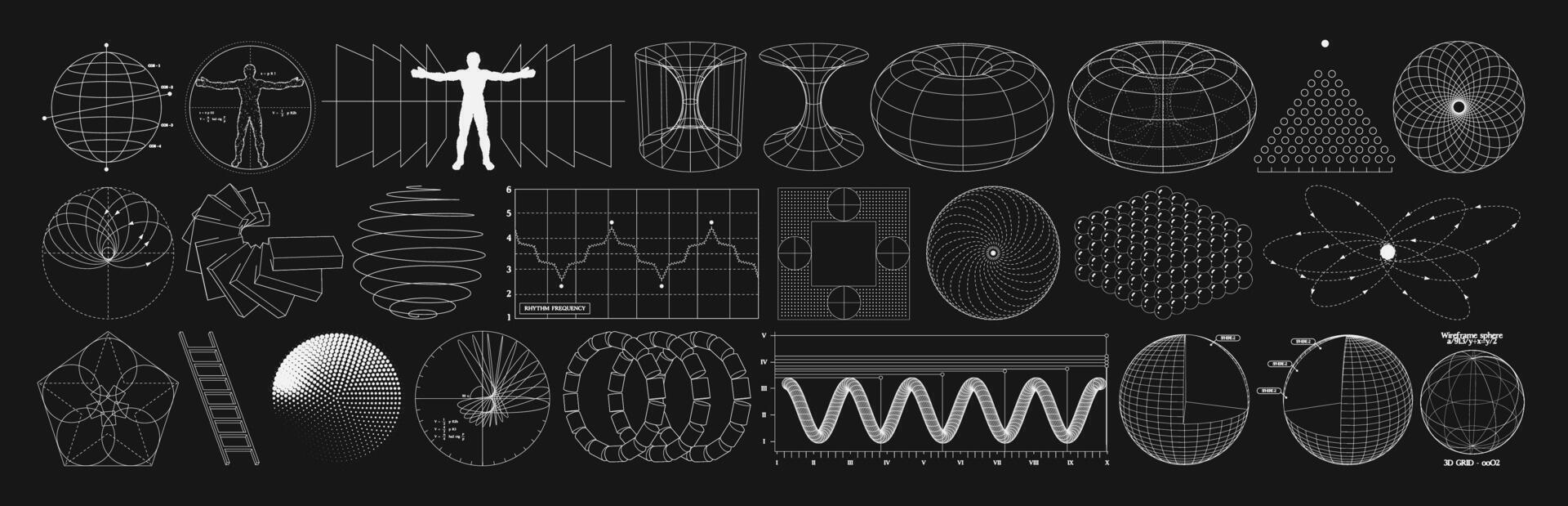 Wireframe geometric shapes. 3D retro futuristic blueprints of spheres landscapes diagrams and graphs. Futuristic blueprint graphics set for digital design vector