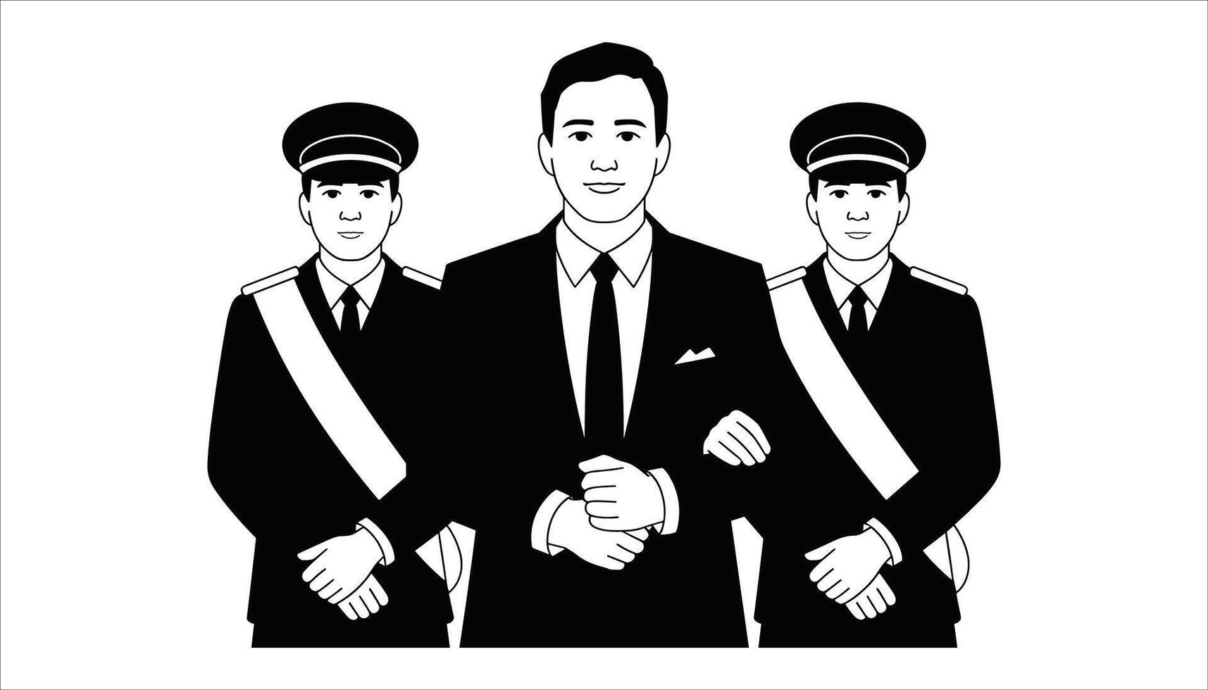 Man in suit escorted by two uniformed guards wearing sashes vector