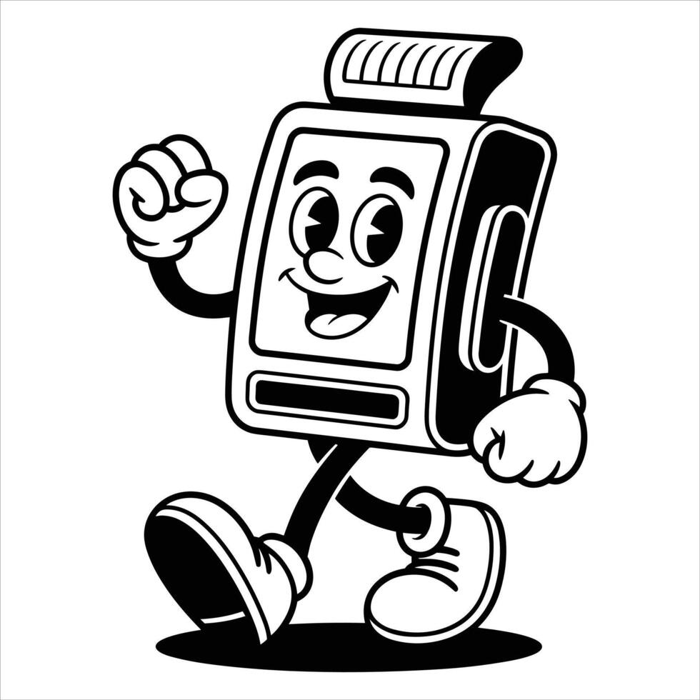 Cartoon credit card reader character walking with happy expression payment terminal vector