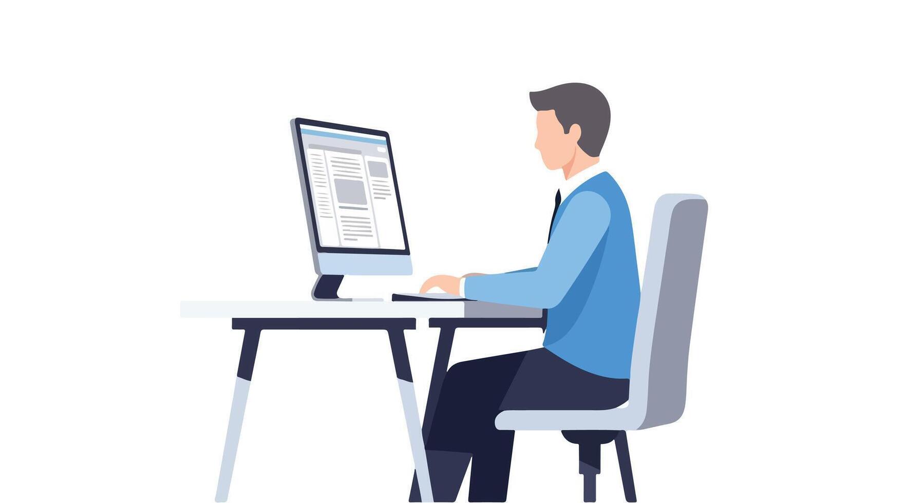 Man working on a computer at a desk in a minimalist office setting, illustration vector