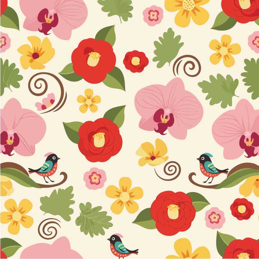 Cute Floral Pattern with Birds and Orchids - Seamless Repeating Design vector