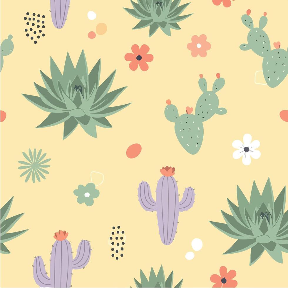 Whimsical Succulent and Cactus Pattern with Flowers and Dots vector