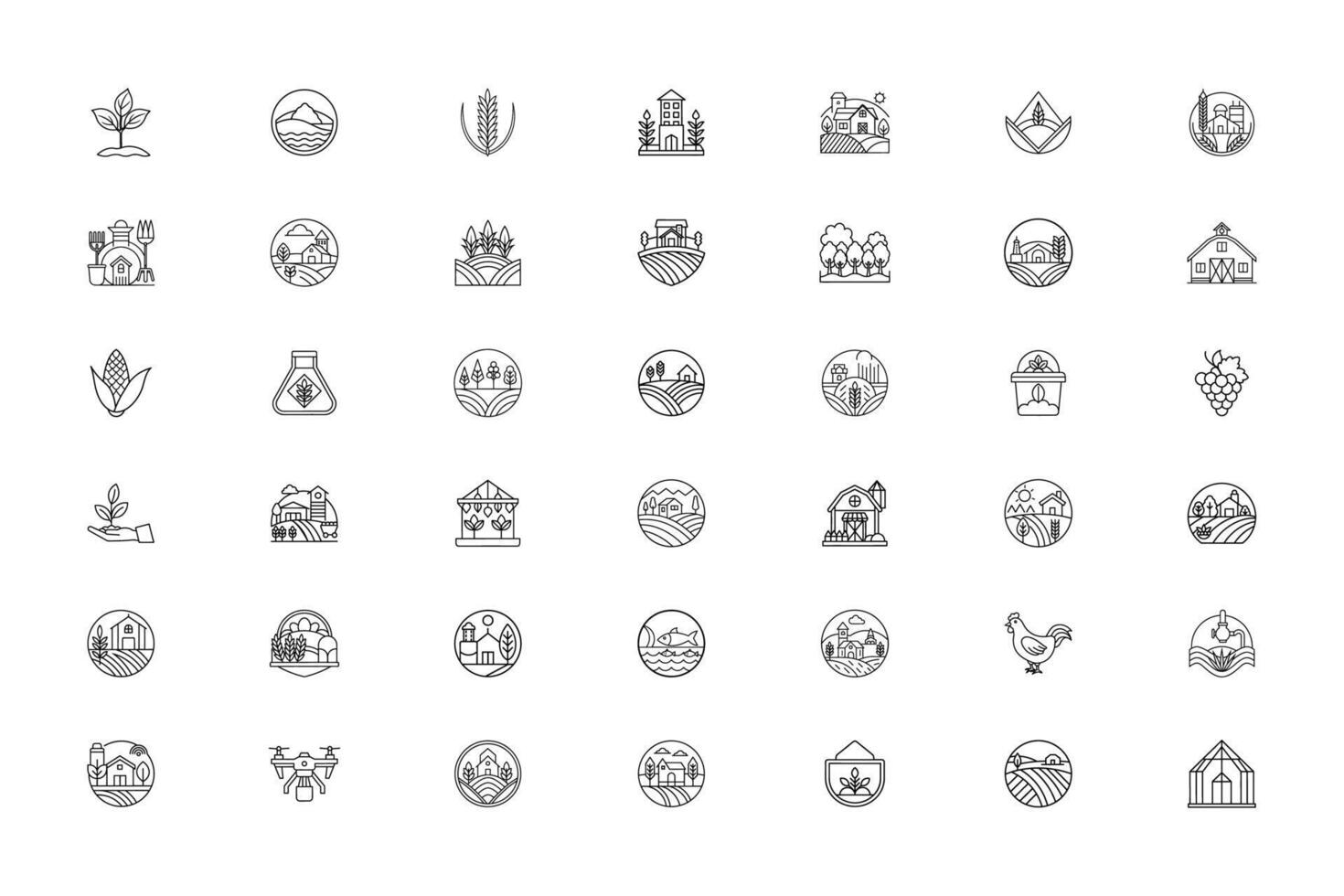 Collection of hand drawn botanical icons representing various plants and leaves in a grid layout vector