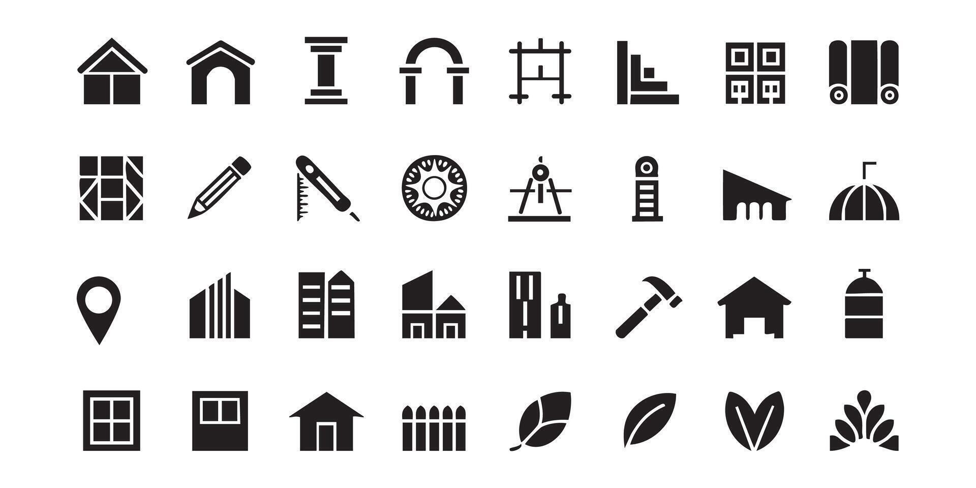 Collection of architectural and construction icons representing buildings structures tools and elements vector