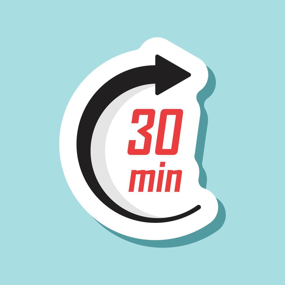 un pegatina con un 30 minuto reloj y un flecha señalando a eso vector