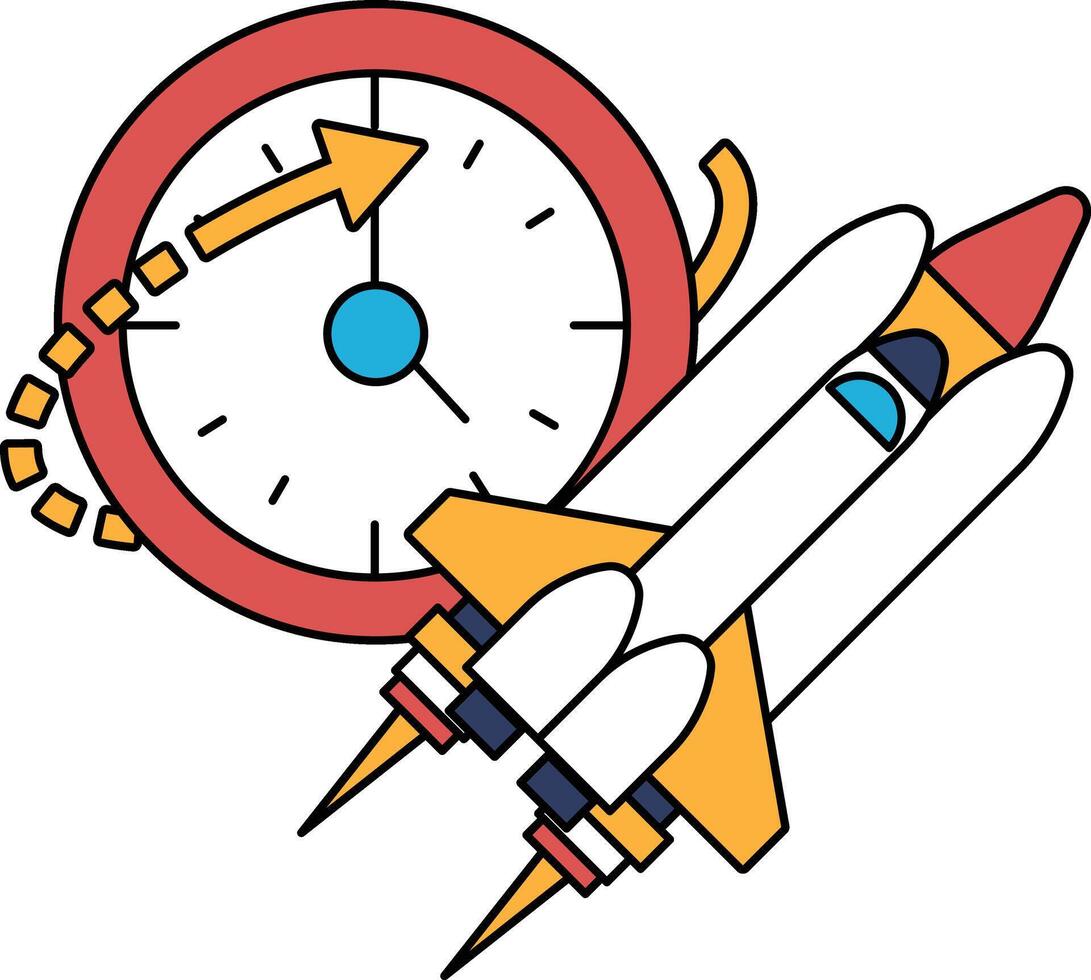 A clock and a rocket are shown on a white background vector