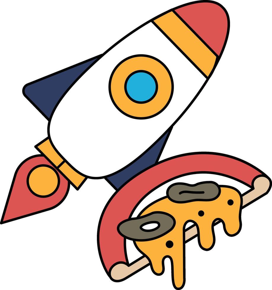 A rocket is flying through space with a slice of pizza on top of it vector