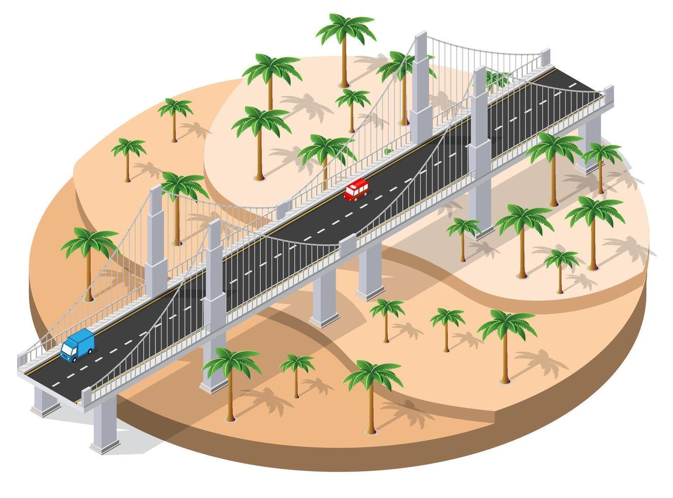 Isometric bridge over palm trees and desert vector