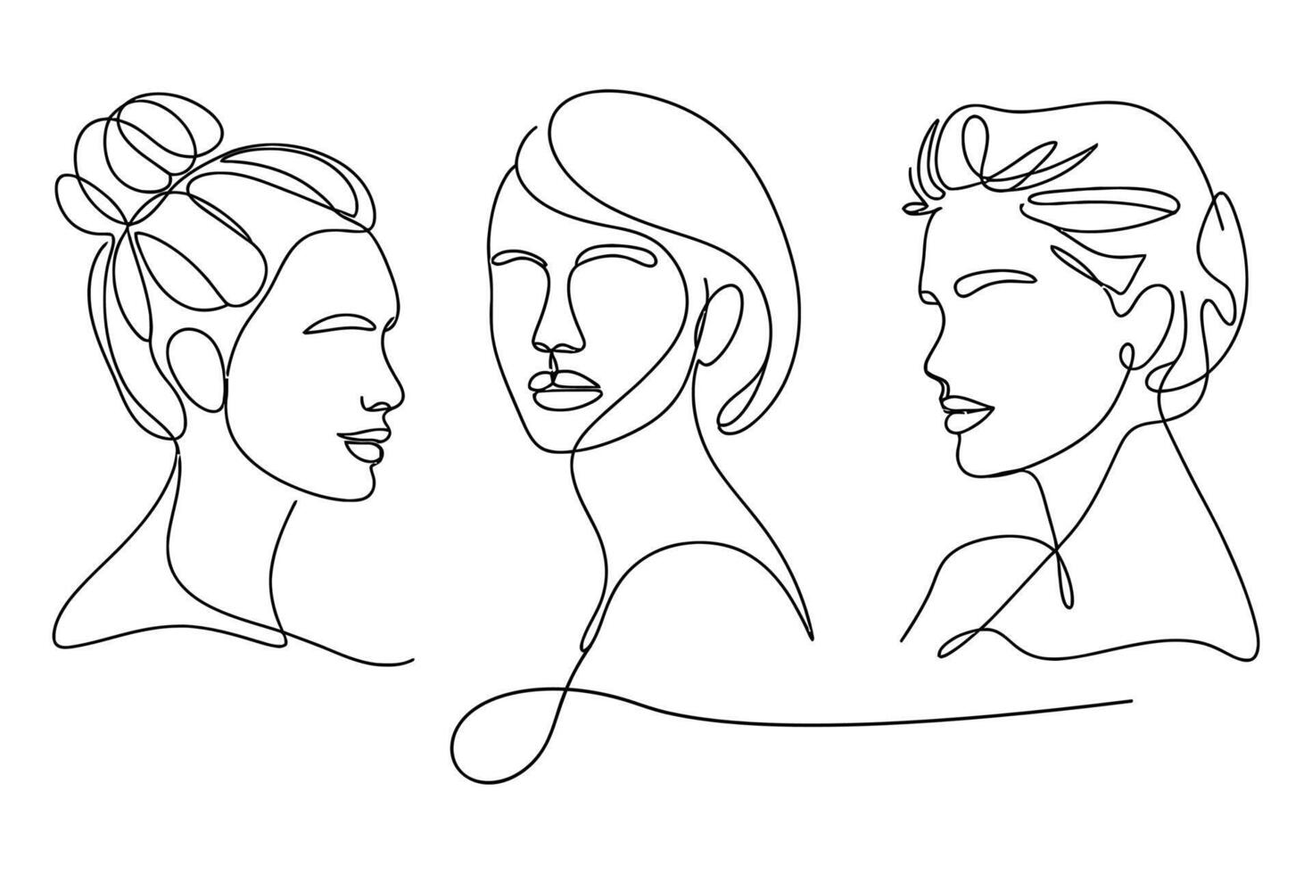 Minimalist continuous line drawing of three diverse female faces with different hairstyles and expressions vector
