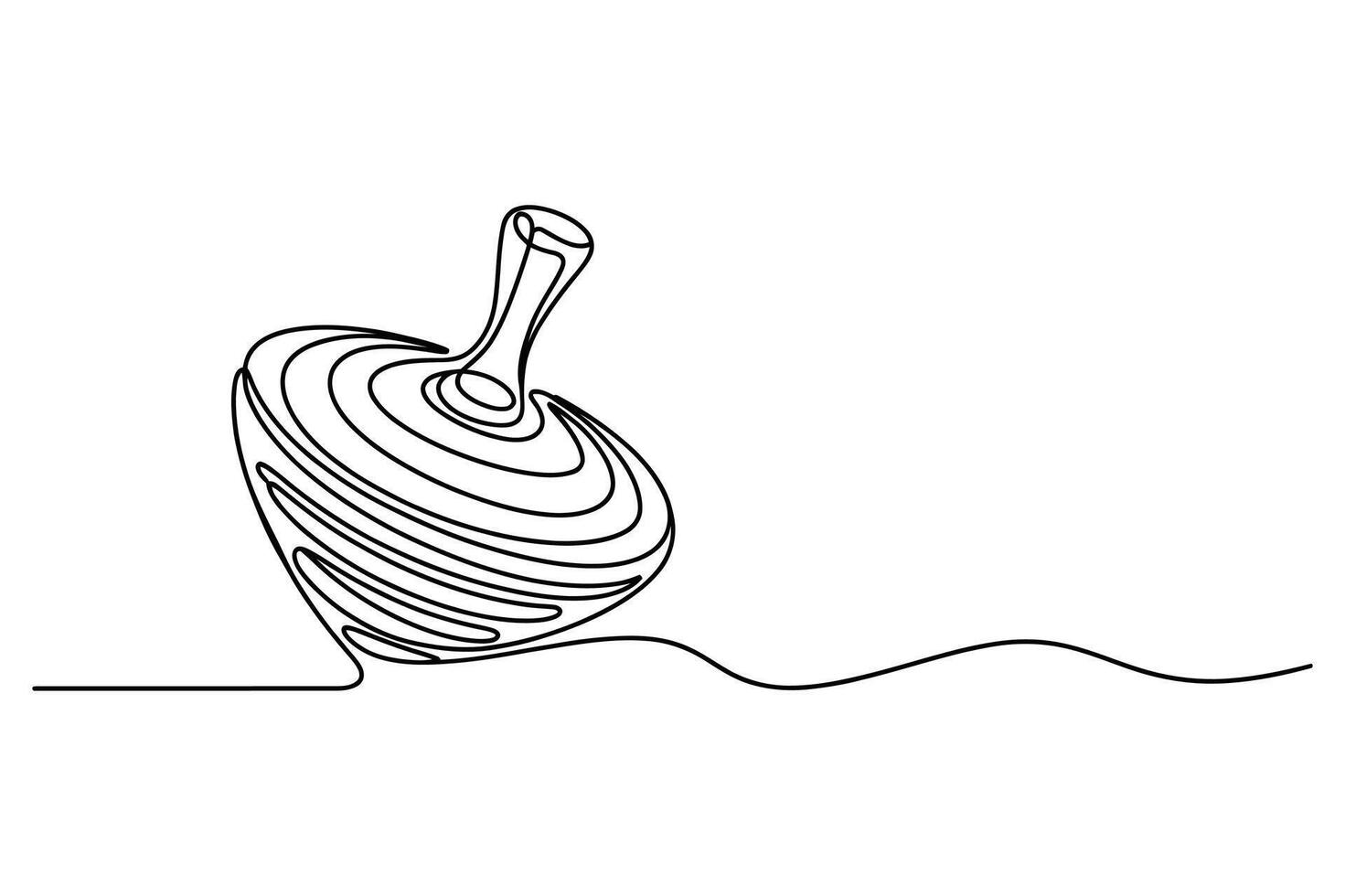 Minimalist single line drawing of a spinning top toy in motion creating a wavy trail on a white background vector