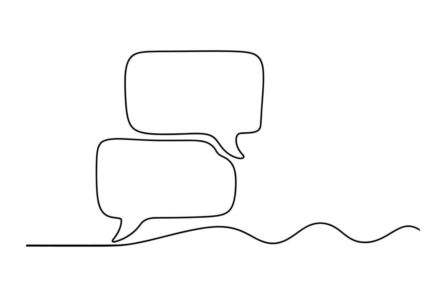 Minimalist continuous line drawing of two stacked speech bubbles with a wavy line representing conversation or communication vector
