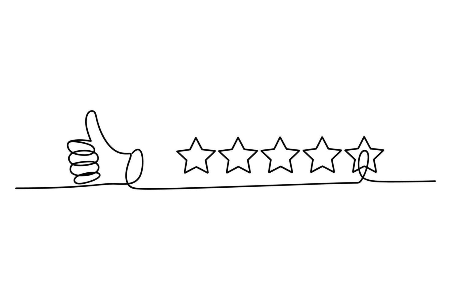 Minimalist single line drawing of a hand giving a thumbs up next to a five star rating system on a white background vector