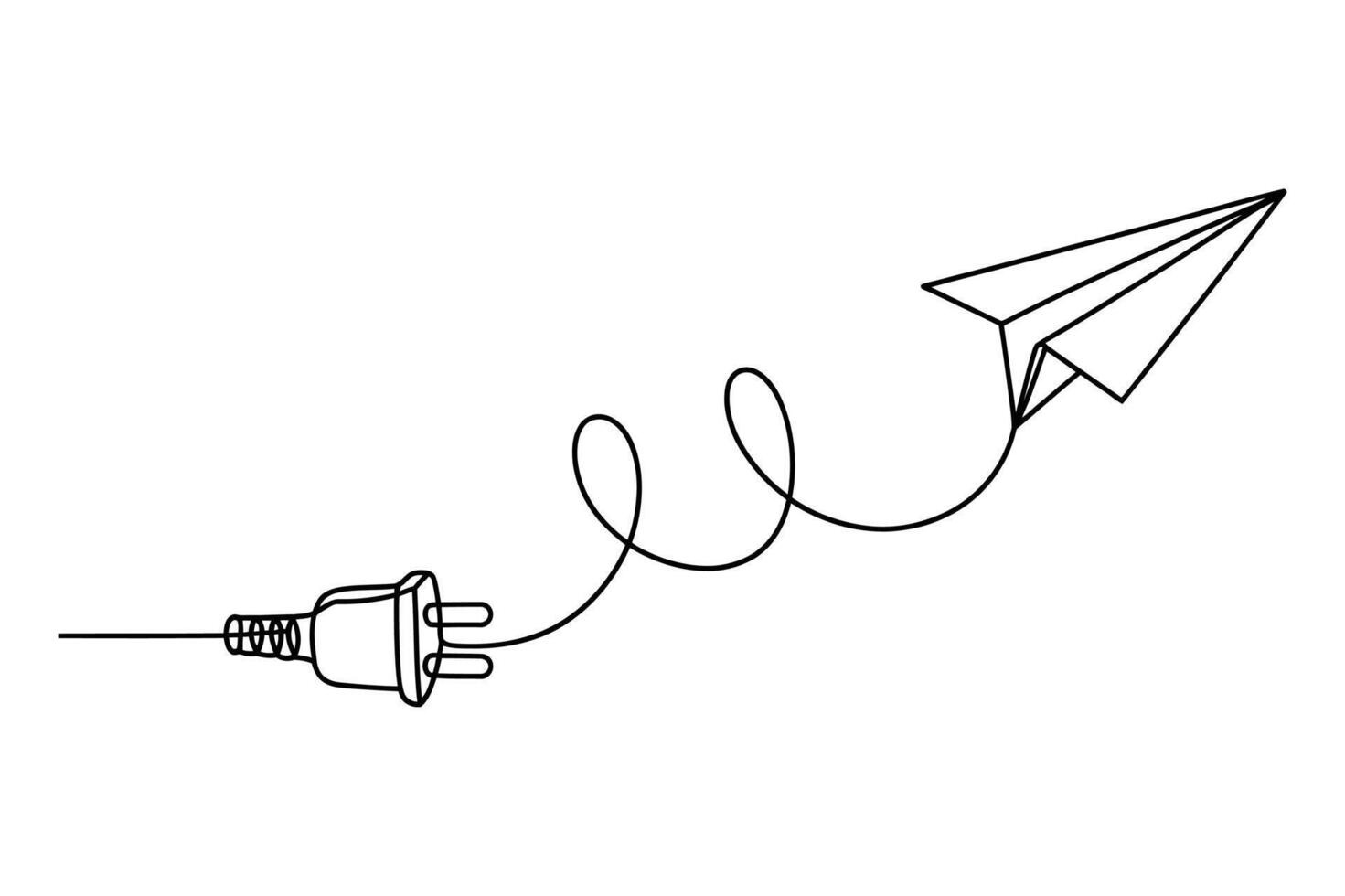 Conceptual illustration of a paper airplane taking flight with a power cord forming a whimsical spiral path vector