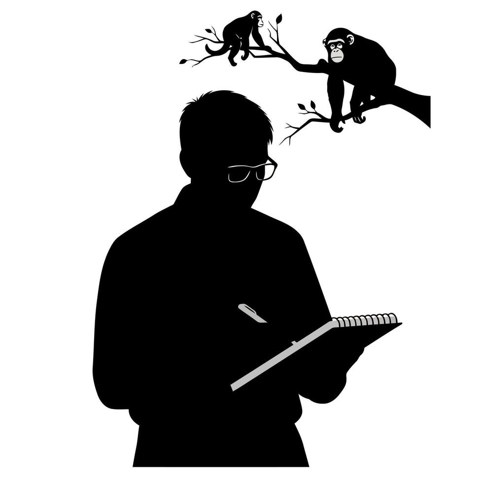 A man with glasses writing on a notepad and a monkey in the background vector