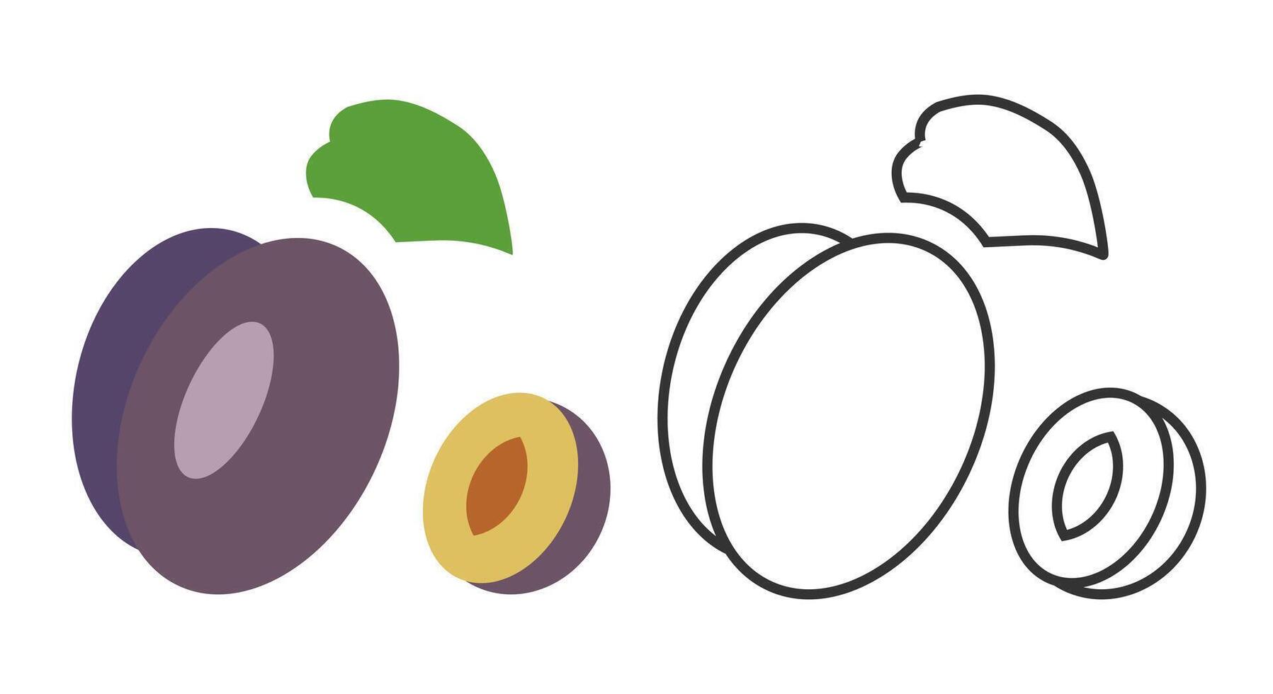 A creative display of plum fruit icons showcases both filled and outlined designs. The icons highlight various plum shapes, colors, and subtle leaf details, all in a minimalist style. vector